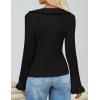 imageZESICA Womens 2025 Fall Tie Front Bow Cardigan Sweaters Long Bell Sleeve V Neck Ruffled Ribbed Knit Trendy TopsBlack
