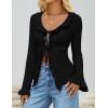 imageZESICA Womens 2025 Fall Tie Front Bow Cardigan Sweaters Long Bell Sleeve V Neck Ruffled Ribbed Knit Trendy TopsBlack