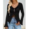 imageZESICA Womens 2025 Fall Tie Front Bow Cardigan Sweaters Long Bell Sleeve V Neck Ruffled Ribbed Knit Trendy TopsBlack
