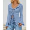 imageZESICA Womens 2025 Fall Tie Front Bow Cardigan Sweaters Long Bell Sleeve V Neck Ruffled Ribbed Knit Trendy TopsBlue