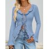 imageZESICA Womens 2025 Fall Tie Front Bow Cardigan Sweaters Long Bell Sleeve V Neck Ruffled Ribbed Knit Trendy TopsBlue