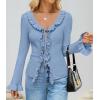 imageZESICA Womens 2025 Fall Tie Front Bow Cardigan Sweaters Long Bell Sleeve V Neck Ruffled Ribbed Knit Trendy TopsBlue