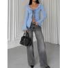 imageZESICA Womens 2025 Fall Tie Front Bow Cardigan Sweaters Long Bell Sleeve V Neck Ruffled Ribbed Knit Trendy TopsBlue
