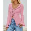 imageZESICA Womens 2025 Fall Tie Front Bow Cardigan Sweaters Long Bell Sleeve V Neck Ruffled Ribbed Knit Trendy TopsPink