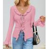 imageZESICA Womens 2025 Fall Tie Front Bow Cardigan Sweaters Long Bell Sleeve V Neck Ruffled Ribbed Knit Trendy TopsPink