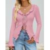 imageZESICA Womens 2025 Fall Tie Front Bow Cardigan Sweaters Long Bell Sleeve V Neck Ruffled Ribbed Knit Trendy TopsPink