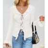 imageZESICA Womens 2025 Fall Tie Front Bow Cardigan Sweaters Long Bell Sleeve V Neck Ruffled Ribbed Knit Trendy TopsWhite