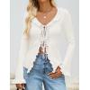 imageZESICA Womens 2025 Fall Tie Front Bow Cardigan Sweaters Long Bell Sleeve V Neck Ruffled Ribbed Knit Trendy TopsWhite