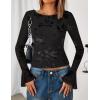 imageZESICA Womens Bell Long Sleeve Tops 2025 Fall Boat Neck Mesh Floral Fitted Shirts Trendy Y2K Going Out OutfitsBlack
