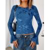 imageZESICA Womens Bell Long Sleeve Tops 2025 Fall Boat Neck Mesh Floral Fitted Shirts Trendy Y2K Going Out OutfitsDarkblue