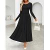 imageZESICA Womens Elegant Long Sleeve Maxi Dress 2025 Fall Crewneck Knit High Wasit Pleated Flowy A Line Party Long DressesBlack