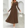 imageZESICA Womens Elegant Long Sleeve Maxi Dress 2025 Fall Crewneck Knit High Wasit Pleated Flowy A Line Party Long DressesBrown