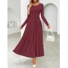 imageZESICA Womens Elegant Long Sleeve Maxi Dress 2025 Fall Crewneck Knit High Wasit Pleated Flowy A Line Party Long DressesFuchsia