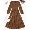 imageZESICA Womens Fall Boho Floral Midi Dress 2025 Casual Long Sleeve Crewneck Flowy Weeding Guest Long DressesCaramel