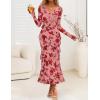 imageZESICA Womens Fall Floral Long Sleeve Maxi Dress 2025 Boho Bodycon V Neck Ruffle Wedding Party Long DressesDark Pink