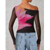imageZESICA Womens Floral Off Shoulder Long Sleeve Tops 2025 Fall Mesh Ruched Fitted Trendy Going Out Shirts BlousesBlack