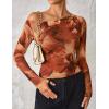 imageZESICA Womens Floral Off Shoulder Long Sleeve Tops 2025 Fall Mesh Ruched Fitted Trendy Going Out Shirts BlousesBrown