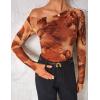 imageZESICA Womens Floral Off Shoulder Long Sleeve Tops 2025 Fall Mesh Ruched Fitted Trendy Going Out Shirts BlousesBrown