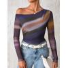 imageZESICA Womens Floral Off Shoulder Long Sleeve Tops 2025 Fall Mesh Ruched Fitted Trendy Going Out Shirts BlousesDarkpurple
