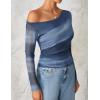 imageZESICA Womens Floral Off Shoulder Long Sleeve Tops 2025 Fall Mesh Ruched Fitted Trendy Going Out Shirts BlousesDustyblue