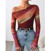 imageZESICA Womens Floral Off Shoulder Long Sleeve Tops 2025 Fall Mesh Ruched Fitted Trendy Going Out Shirts BlousesFuchsia