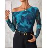 imageZESICA Womens Floral Off Shoulder Long Sleeve Tops 2025 Fall Mesh Ruched Fitted Trendy Going Out Shirts BlousesLakeblue