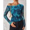 imageZESICA Womens Floral Off Shoulder Long Sleeve Tops 2025 Fall Mesh Ruched Fitted Trendy Going Out Shirts BlousesLakeblue