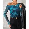 imageZESICA Womens Floral Off Shoulder Long Sleeve Tops 2025 Fall Mesh Ruched Fitted Trendy Going Out Shirts BlousesLakeblue
