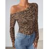 imageZESICA Womens Floral Off Shoulder Long Sleeve Tops 2025 Fall Mesh Ruched Fitted Trendy Going Out Shirts BlousesLeopardbrown
