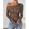 imageZESICA Womens Floral Off Shoulder Long Sleeve Tops 2025 Fall Mesh Ruched Fitted Trendy Going Out Shirts BlousesLeopardbrown