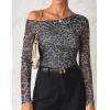 imageZESICA Womens Floral Off Shoulder Long Sleeve Tops 2025 Fall Mesh Ruched Fitted Trendy Going Out Shirts BlousesLeopardgray