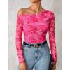 imageZESICA Womens Floral Off Shoulder Long Sleeve Tops 2025 Fall Mesh Ruched Fitted Trendy Going Out Shirts BlousesRose