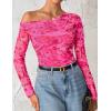 imageZESICA Womens Floral Off Shoulder Long Sleeve Tops 2025 Fall Mesh Ruched Fitted Trendy Going Out Shirts BlousesRose
