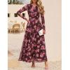 imageZESICA Womens Maxi Dress 2025 Fall Long Sleeve Crewneck Floral Print Mesh Ruched Party Wedding Guest DressesCoffee