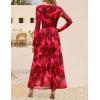 imageZESICA Womens Maxi Dress 2025 Fall Long Sleeve Crewneck Floral Print Mesh Ruched Party Wedding Guest DressesRed