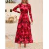 imageZESICA Womens Maxi Dress 2025 Fall Long Sleeve Crewneck Floral Print Mesh Ruched Party Wedding Guest DressesRed