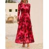 imageZESICA Womens Maxi Dress 2025 Fall Long Sleeve Crewneck Floral Print Mesh Ruched Party Wedding Guest DressesRed