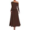 imageZESICA Womens 2025 Fall Long Sleeve Off Shoulder Maxi Dress Ribbed Knit Pleated Elegant Formal Dresses with PocketsBrown