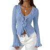 imageZESICA Womens 2025 Fall Tie Front Bow Cardigan Sweaters Long Bell Sleeve V Neck Ruffled Ribbed Knit Trendy TopsBlue