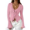 imageZESICA Womens 2025 Fall Tie Front Bow Cardigan Sweaters Long Bell Sleeve V Neck Ruffled Ribbed Knit Trendy TopsPink