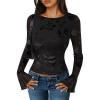 imageZESICA Womens Bell Long Sleeve Tops 2025 Fall Boat Neck Mesh Floral Fitted Shirts Trendy Y2K Going Out OutfitsBlack