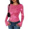 imageZESICA Womens Bell Long Sleeve Tops 2025 Fall Boat Neck Mesh Floral Fitted Shirts Trendy Y2K Going Out OutfitsRose