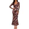 imageZESICA Womens Fall Floral Long Sleeve Maxi Dress 2025 Boho Bodycon V Neck Ruffle Wedding Party Long DressesBrown