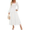imageZESICA Womens Fall Long Sleeve Maxi Dress 2025 Square Neck Hollow Out Eyelet Smocked A Line Flowy Casual Party DressesWhite