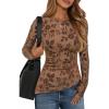 imageZESICA Womens Floral Long Sleeve Shirts 2025 Fall Boat Neck Ruched Tops Slim Fitted Asymmetrical Going Out BlousesKhaki