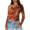 imageZESICA Womens Floral Off Shoulder Long Sleeve Tops 2025 Fall Mesh Ruched Fitted Trendy Going Out Shirts BlousesBrown