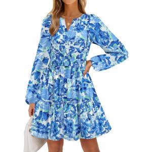 imageZESICA Fall Dresses for Women 2025 Boho Floral V Neck Long Sleeve Smocked ALine Flowy Casual Mini Dress with PocketsBlue