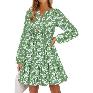 imageZESICA Fall Dresses for Women 2025 Boho Floral V Neck Long Sleeve Smocked ALine Flowy Casual Mini Dress with PocketsGreen
