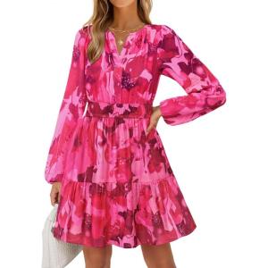 imageZESICA Fall Dresses for Women 2025 Boho Floral V Neck Long Sleeve Smocked ALine Flowy Casual Mini Dress with PocketsRose