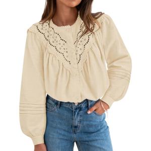 imageZESICA Long Puff Sleeve Babydoll Tops for Women Lace Crochet Button Down Boho Victorian Shirts Dressy Casual BlousesApricot
